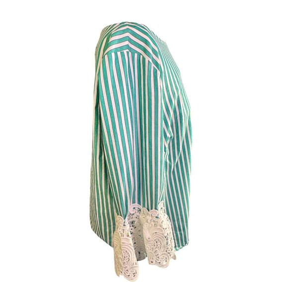 Liz Claiborne Green & White Striped Blouse W/ Lace Cuff Detail M Cotton Blend - Picture 9 of 9